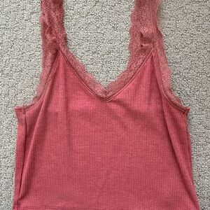 American Eagle Lace Trim Ribbed Red Tank Top